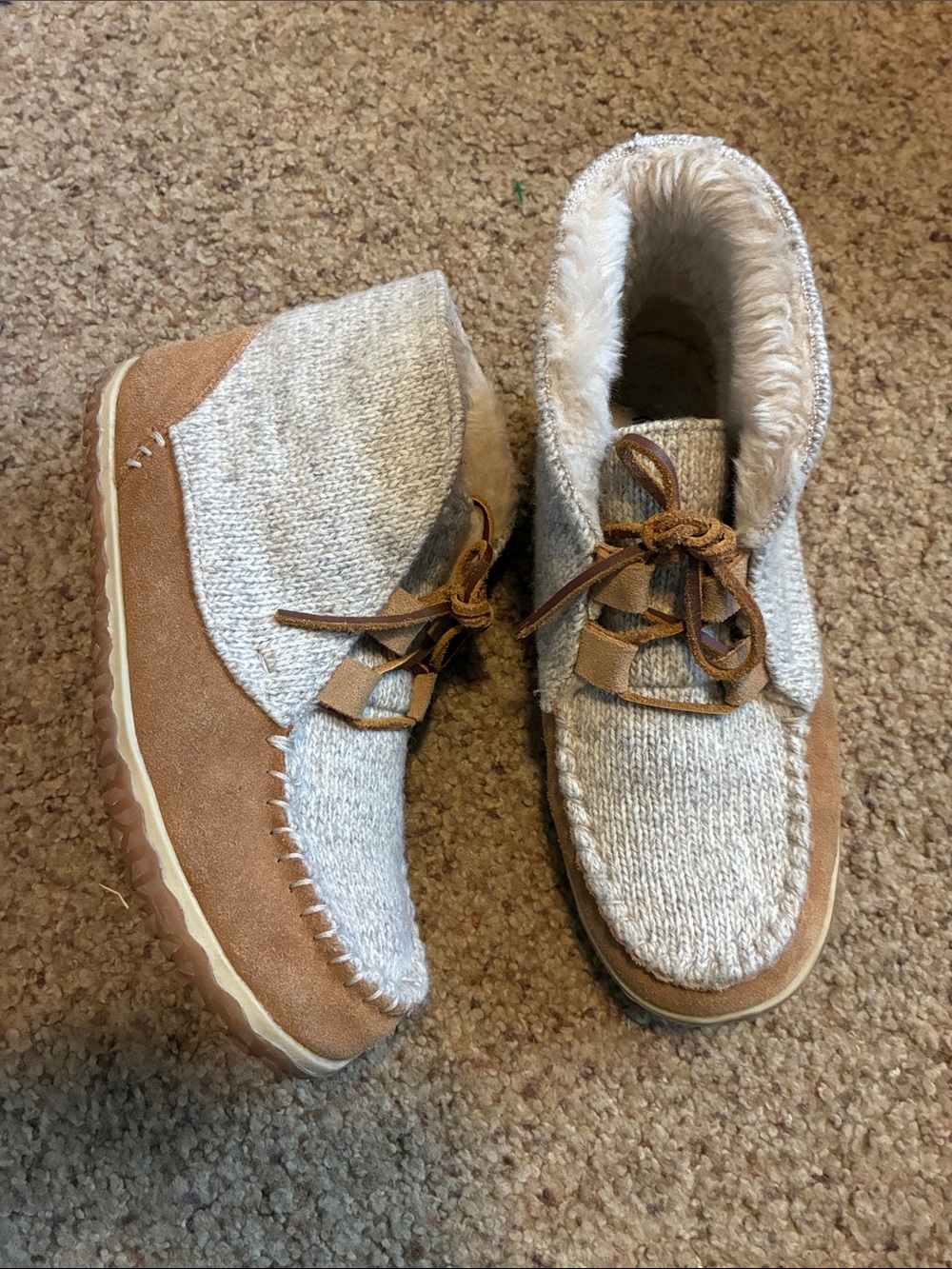 Minnetonka Tan Suede & Gray Knit Moccasin Booties